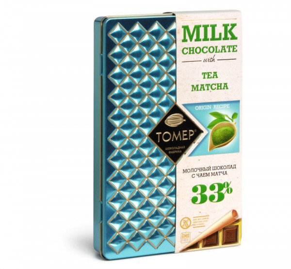 №1 Фабрика Томер металлический бокс Молочный шоколад с чаем МАТЧА ,33%  90г в Новошахтинске