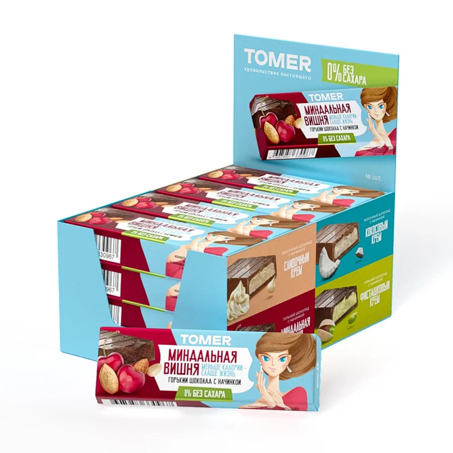  Фабрика Томер Батончики с начинкой МИНДАЛЬНАЯ ВИШНЯ, БЕЗ САХАРА Горький шоколад,(блок 16шт по 55г) в Новошахтинске